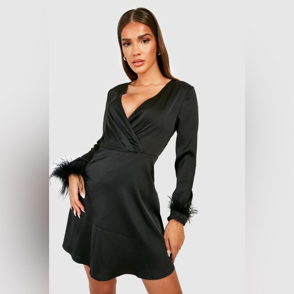 Black Feather Cuff Satin Skater Dress
